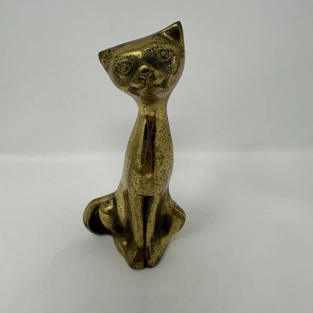 Vintage Solid Brass Cat Figurine Statue Sculpture MCM Style Gold‎ Tone Korea